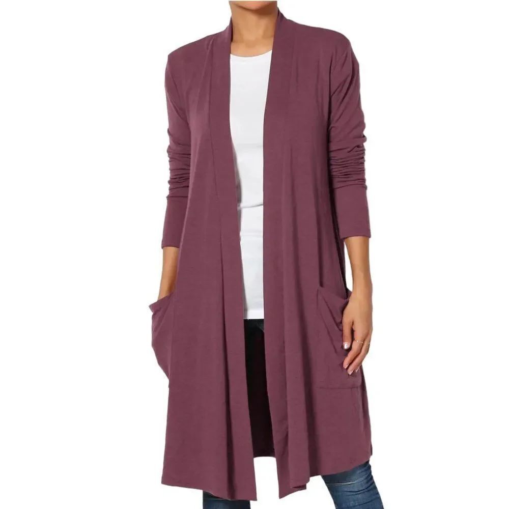 Long Sleeve Open Front Pockets Lightweight Jersey Long Cardigan - NEW